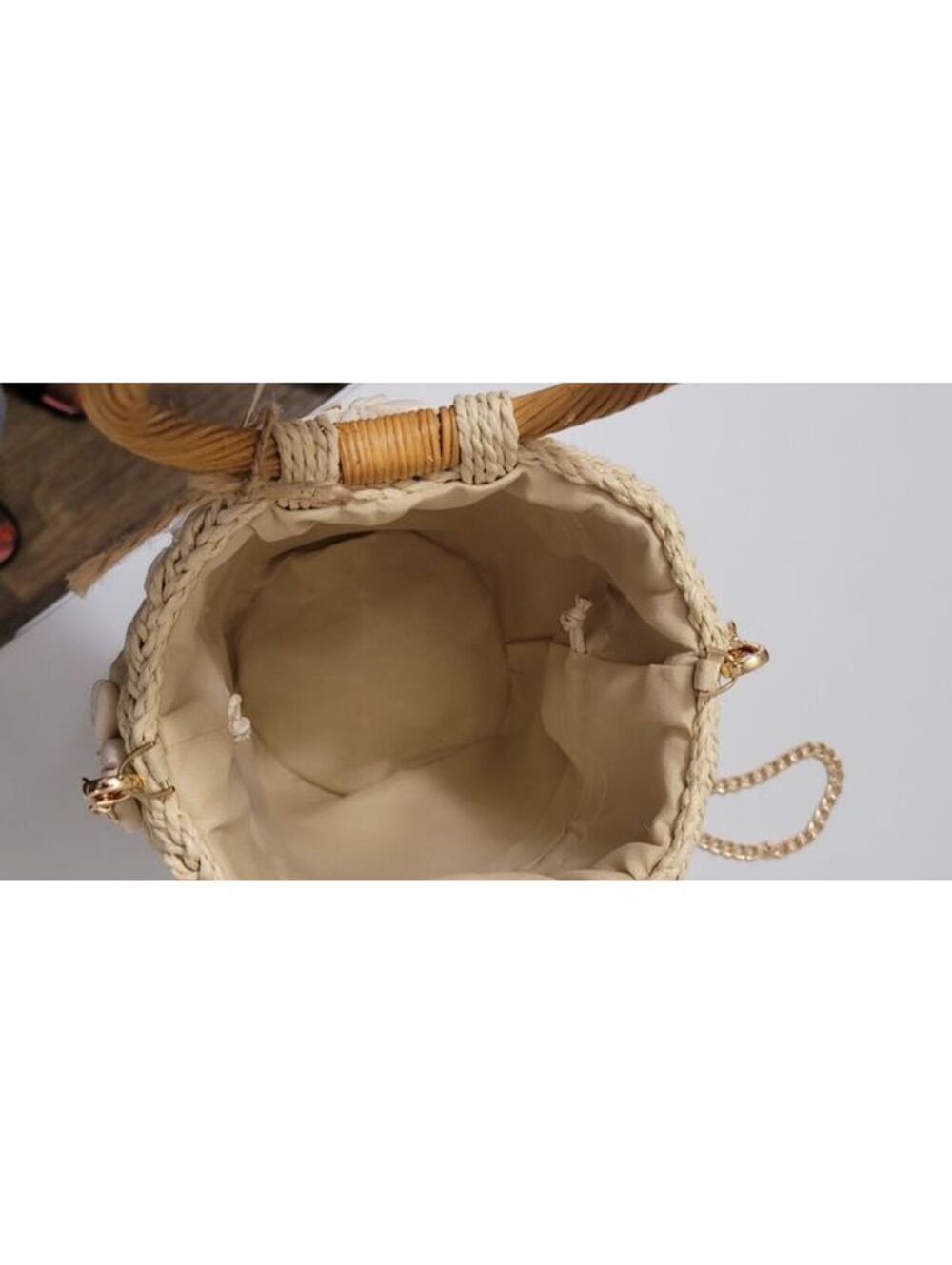BRUN Pearl Women's Straw Bucket Bag Shell Gold Tone Chain Strap Handbag Purse. - Picture 8 of 8